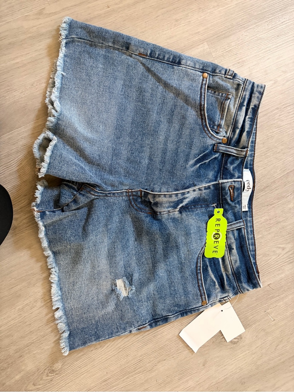 Re/Done Light Blue Distressed High-Rise Denim Shorts